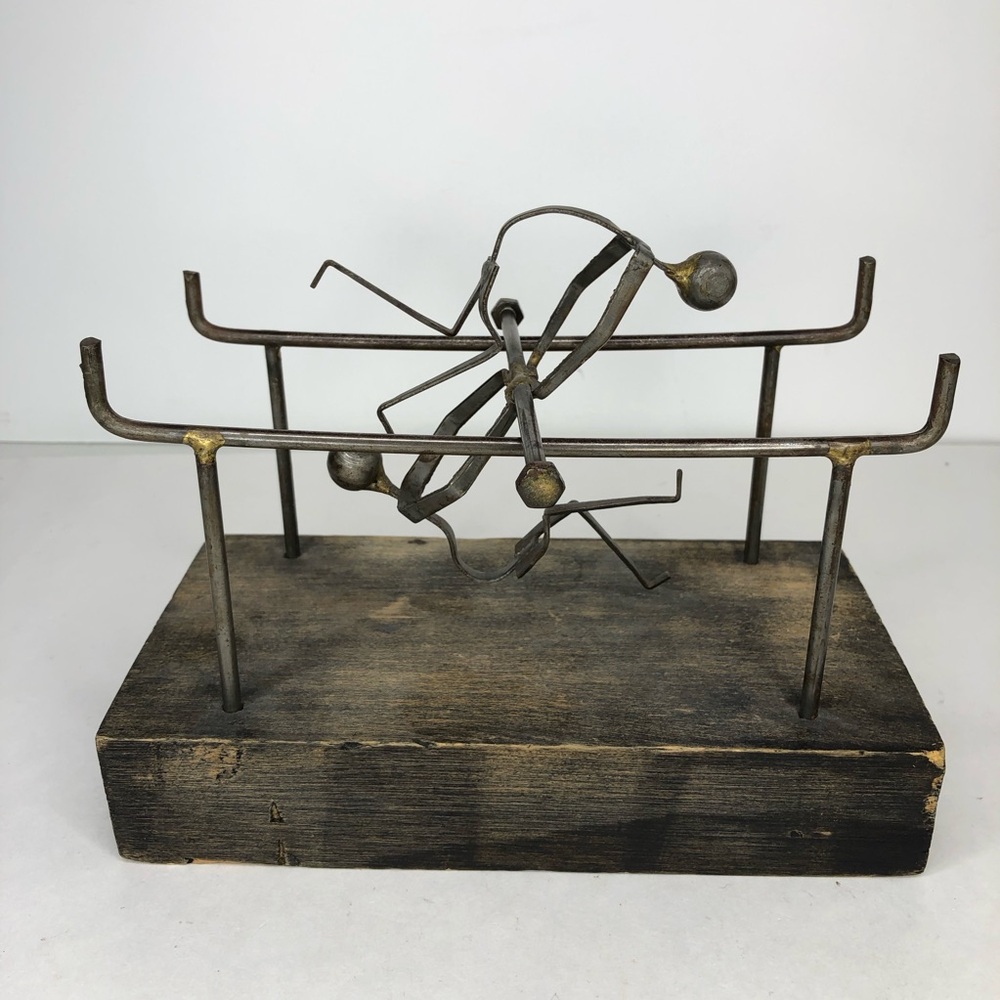 Kinetic Wire Metal Sculpture Tumbling Figures Rolling on Parallel Bars Wood Base